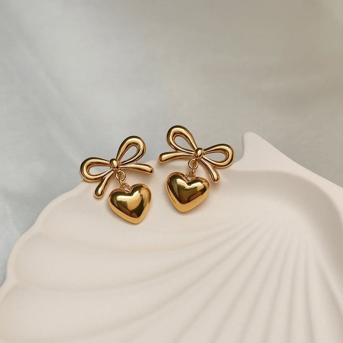 Golden Bow Heart Drop Earrings