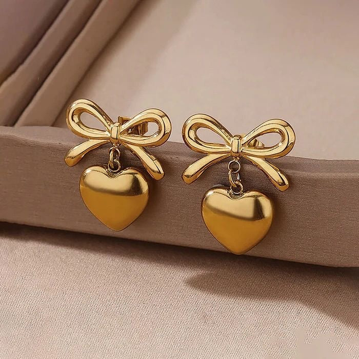 Golden Bow Heart Drop Earrings