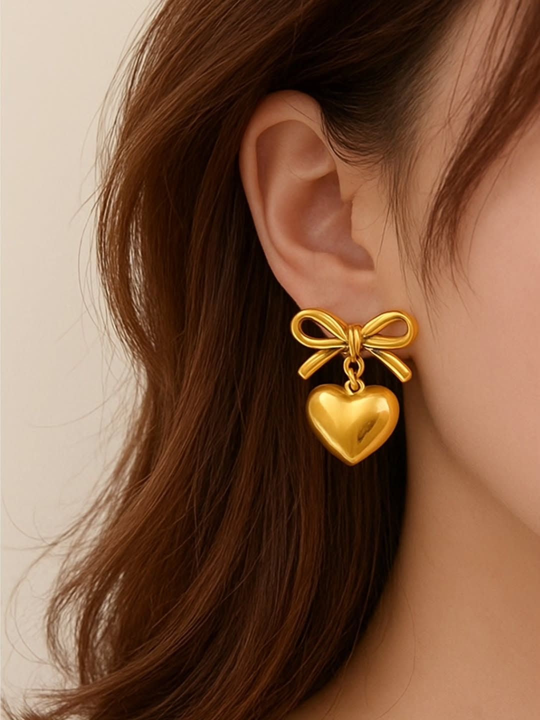 Golden Bow Heart Drop Earrings