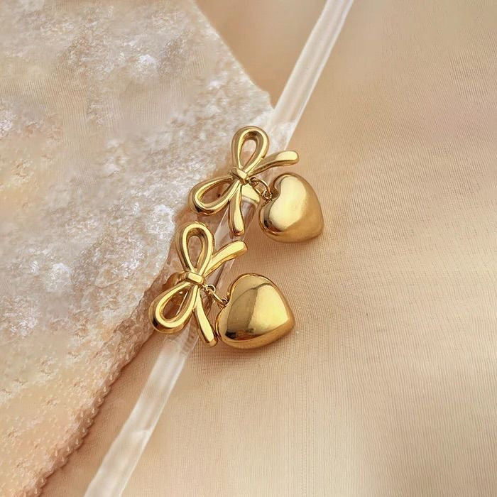Golden Bow Heart Drop Earrings